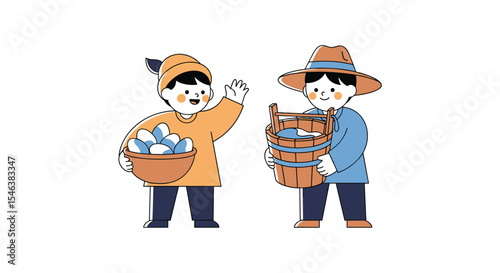 Two Characters in Vintage Illustration Style Carrying Goods in Baskets and Backpacks