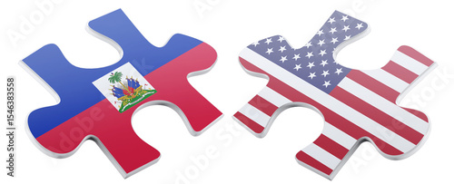 A visual representation of international relations depicts two puzzle pieces, one adorned with the flag of Haiti, and the other with the flag of the United States.