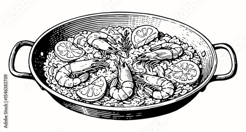 Paella vector engraving style illustration