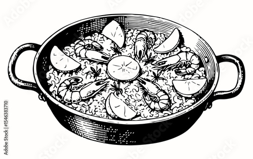 Paella vector engraving style illustration