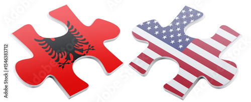 Two puzzle pieces depicting the flags of Albania and the United States are juxtaposed but not connected, symbolizing a potential or developing alliance between nations.