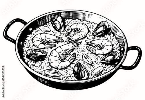 Paella vector engraving style illustration