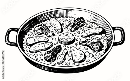 Paella vector engraving style illustration