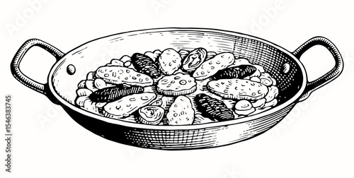 Paella vector engraving style illustration