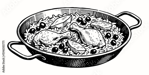 Paella vector engraving style illustration