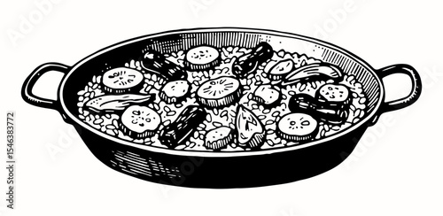 Paella vector engraving style illustration