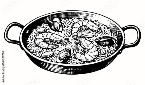 Paella vector engraving style illustration