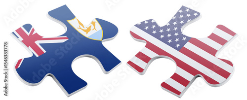 Two puzzle pieces, one representing Anguilla with its flag, and the other adorned with the United States flag, nearly connected to symbolize cooperation and partnership