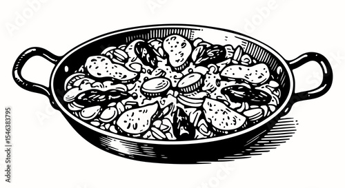 Paella vector engraving style illustration