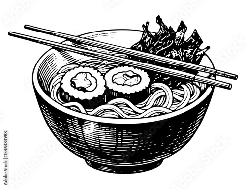 Ramen vector engraving style illustration