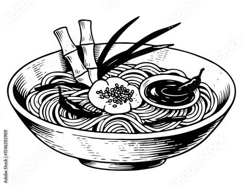 Ramen vector engraving style illustration