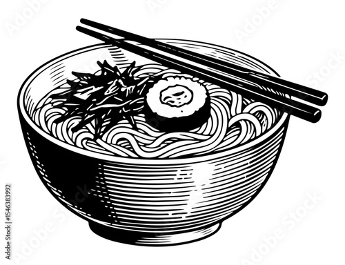 Ramen vector engraving style illustration