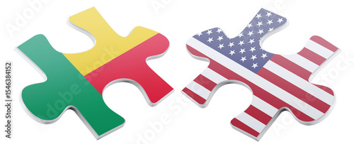 Two jigsaw puzzle pieces representing a conceptual connection between Benin and the United States, symbolizing a partnership or alliance in a clean, modern design.