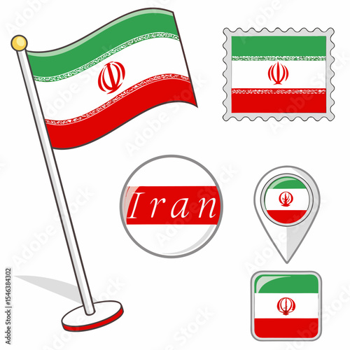 Vector collection of Iran flags in flat and 3D glass icons, showcasing green, white, red stripes with emblem and Kufic detail.