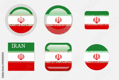 High-quality Iran flag vector icon set with multiple styles: flat, 3D realistic glass, and sticker, featuring emblem and Kufic border.
