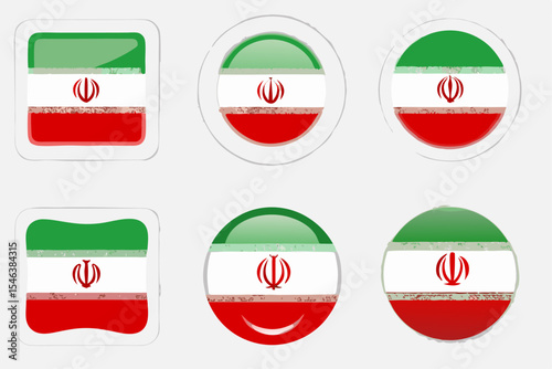Set of Iran flag vector icons in flat, 3D glass, and sticker styles featuring national tricolor, emblem, and Kufic border script.