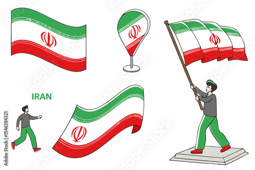 Iran flag icons collection includes flat, sticker, and 3D glass styles with green, white, red stripes, central emblem, and Kufic script.