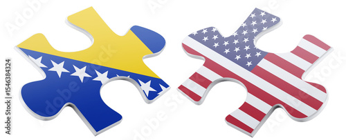 Conceptual illustration showing two puzzle pieces, one featuring the flag of Bosnia and Herzegovina and the other presenting the American flag, symbolizing partnership and