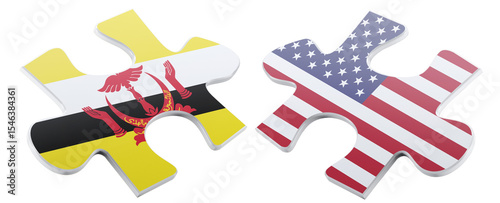 Two jigsaw puzzle pieces, one with the Brunei flag and one with the United States flag, symbolise international relations and cooperation in a vibrant, illustrative style.