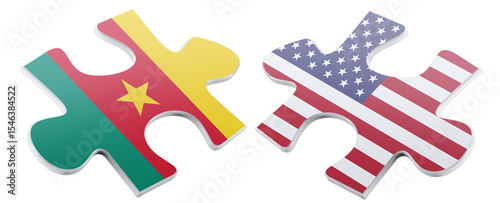 Interlocking jigsaw pieces featuring the American flag and the flag of Cameroon, symbolizing unity, partnership, and international relations in a clean, illustrative style.