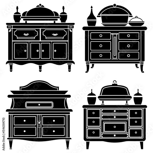 Four antique vanity sets with oval mirrors and multiple drawers in a black and white silhouette design