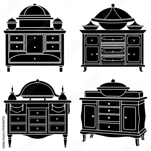 Four black and white silhouette illustrations of antique vanity dressers with oval mirrors and drawers