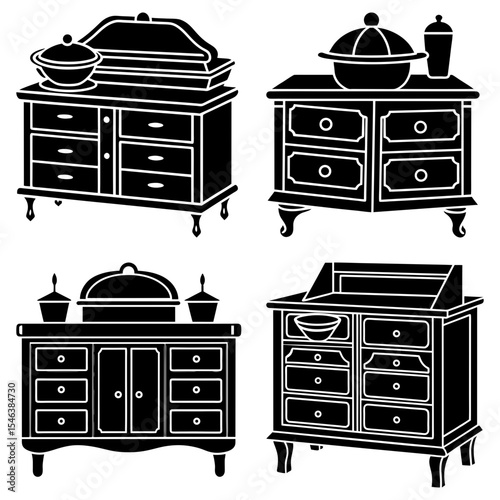 Four black and white silhouette illustrations of different vintage vanity tables with mirrors