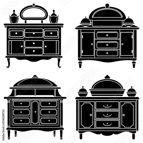Collection of four antique dressers with drawers and decorative elements in black silhouette style design