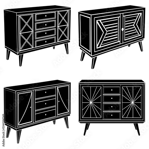 Four furniture sideboard illustrations with different door and drawer designs in black and white style