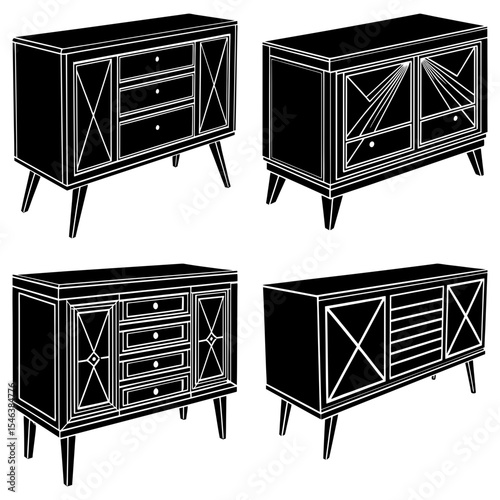 Four black and white cabinet illustrations showcasing different drawer and door configurations, angled perspectives