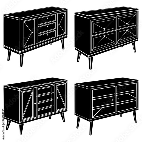 Four black and white illustrations of cabinets with drawers and doors in different perspectives