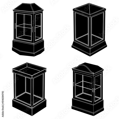 Four display cases with varying designs shown in black and white line art illustration style format here