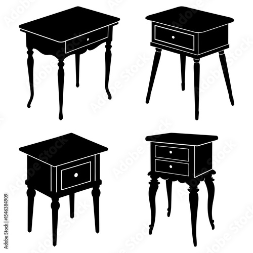 Four silhouettes of bedside tables with drawers and varying leg styles are displayed on a white background