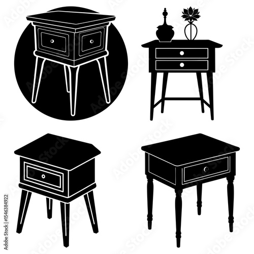 Illustration of four different styles of bedside tables in black and white silhouette design style