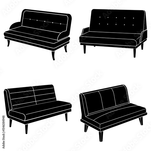 Four different sofa styles displayed in a grid pattern with black silhouettes on a white background design