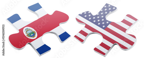 Interlocking jigsaw pieces depict the flags of Costa Rica and the United States, rendered in a glossy, dimensional style against a stark black backdrop.