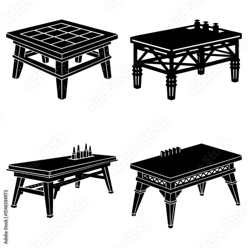 Four different styles of tables in black and white with various designs and leg styles shown clearly here