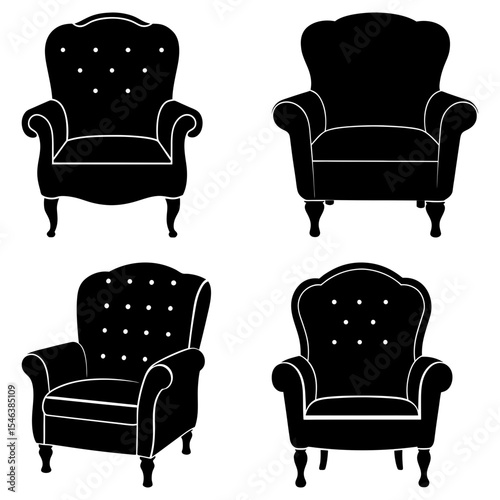 A collection of four black silhouette armchairs with varying designs on a white background display