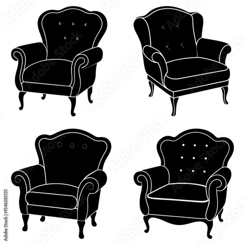 Four black and white silhouette illustrations of wingback chairs with button tufting and ornate legs