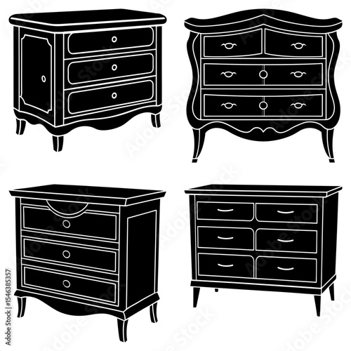 Collection of four black and white chest of drawers with different designs and drawer configurations