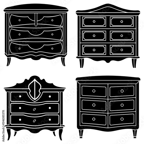 Four different styles of chest of drawers in black and white silhouette illustration format image