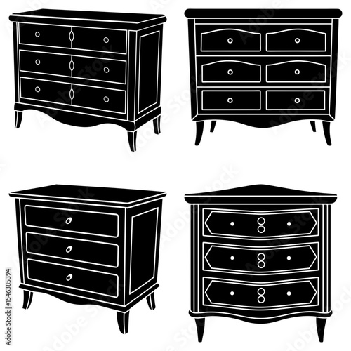 Four black and white chests of drawers with different designs and drawer configurations displayed together