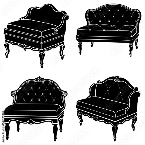Four antique style armchairs and loveseats with ornate legs and cushioned seats in a black and white image