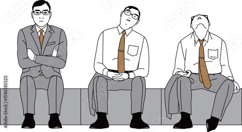 座る日本人のビジネスマン。腕組み、居眠りする男性のベクターイラスト