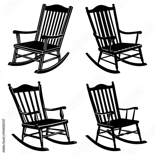 Four rocking chairs with vertical slats and curved rockers in a symmetrical arrangement illustration