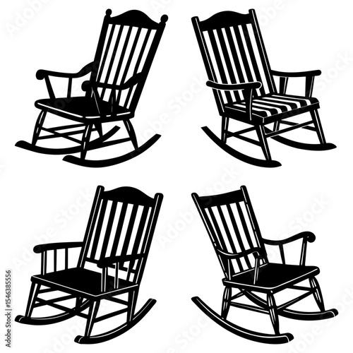 Four rocking chairs in black and white with different styles and orientations on a white background