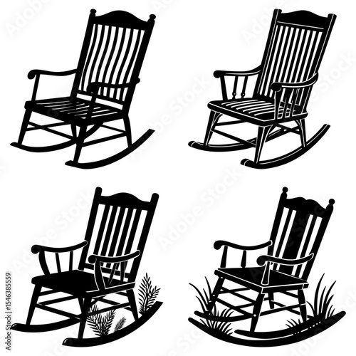 Four rocking chairs in black silhouette with two chairs surrounded by grass and leaves design element