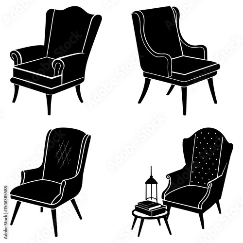 Collection of four black silhouette armchairs with varying designs and a small table with books