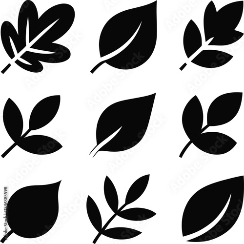 Collection of nine simple black leaf icons on white background
