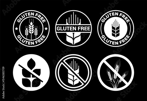 Gluten free icons set design, Non gluten food sign for apps and websites white on black background